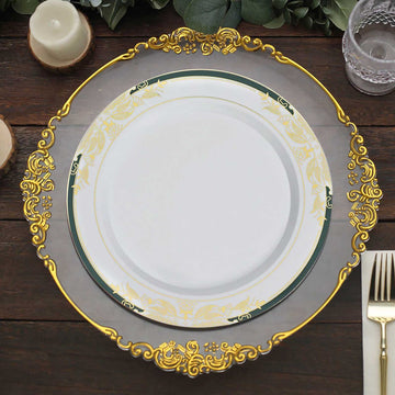 10-Pack Plastic 10" Round Dinner Plates in White with Hunter Emerald Green Rim - Stylish Gold Vine Design Disposable Party Plates for Special Occasions & Celebrations