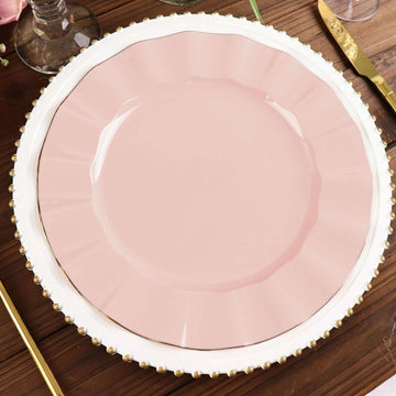 10-Pack Plastic 11" Round Dinner Plates in Blush Ruffled Rim with Gold Edging - Sturdy Disposable Dinnerware