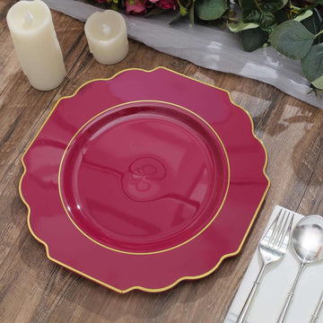 10-Pack Plastic Dinner Plates in Burgundy Baroque Design with Scalloped Gold Rim - Heavy Duty Disposable Party Plates 11"