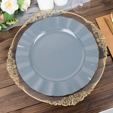 10-Pack Plastic 11" Round Dinner Plates in Dusty Blue Ruffled Rim with Gold Edging - Sturdy Disposable Dinnerware