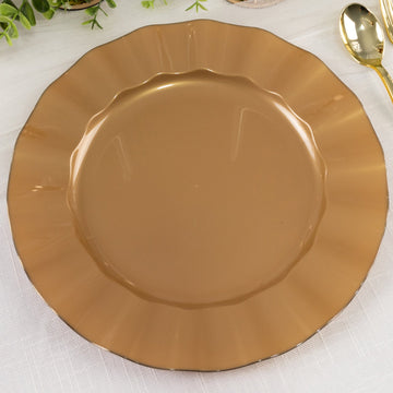 10-Pack Plastic 11" Round Dinner Plates in Gold with Ruffled Rim - Sturdy Disposable Dinnerware for Classy Events & Banquets