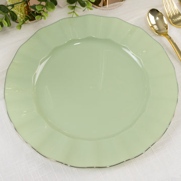 10-Pack Plastic 11" Round Dinner Plates in Sage Green Ruffled Rim with Gold Edging - Sturdy Disposable Dinnerware