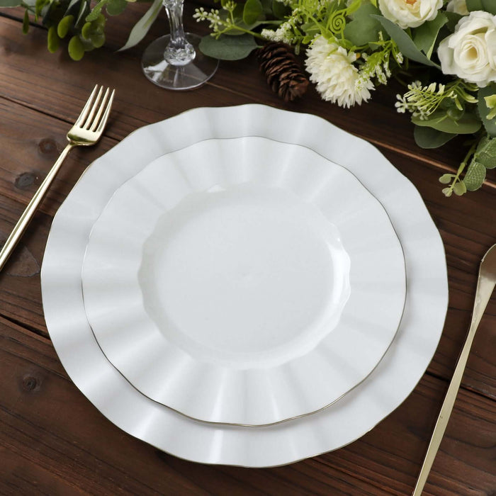 10 Pack | 11 White Disposable Dinner Plates With Gold Ruffled Rim, Round Plastic Party Plates