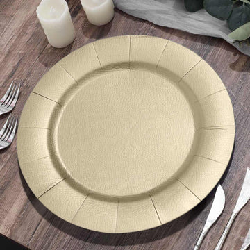 10-Pack Disposable Round Charger Plates in Champagne with Leathery Texture - Durable 1100GSM Cardboard Placemats 13"