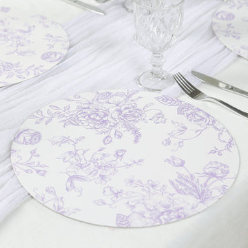 10-Pack Disposable Table Placemats in French Toile Print 13" in White/Matte Lavender - Chic Floral Cardboard Placemats for Stylish Table Setting