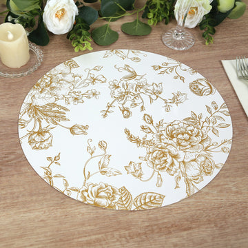 6-Pack Disposable Table Placemats in French Toile Print 13" in White/Gold - Chic Floral Cardboard Placemats for Stylish Table Setting