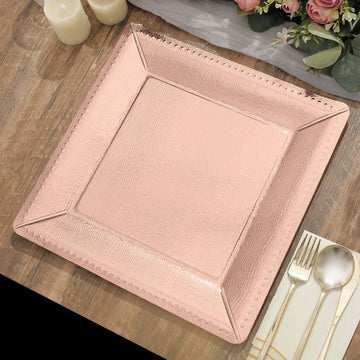 10-Pack Disposable Square Charger Plates in Rose Gold with Leather Like Texture - 1100GSM Durable Paper Chargers for Sophisticated Events 13"