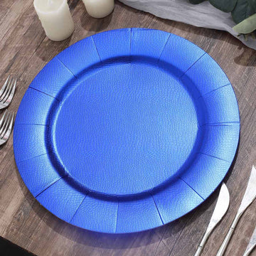 10-Pack Disposable Round Charger Plates in Royal Blue with Leathery Texture - Durable 1100GSM Cardboard Placemats 13"