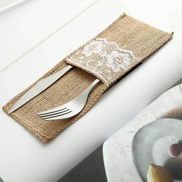 10 Pack 4"x8" Natural Burlap Lace Single Set Silverware Holder Pouch