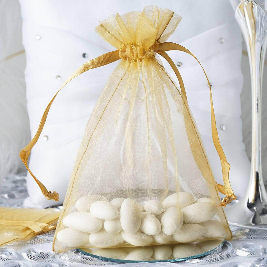 10 Pack | 5x7inch Gold Organza Drawstring Wedding Party Favor Gift Bags