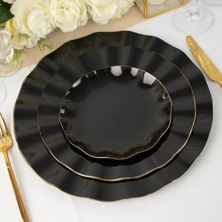 Elegant and Stylish Black Heavy Duty Disposable Salad Plates with Gold Ruffled Rim