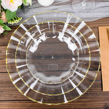 10-Pack Plastic Round 6" Dessert Plates in Clear Ruffled Rim with Gold Edging - Sturdy Disposable Salad Appetizer Dinnerware