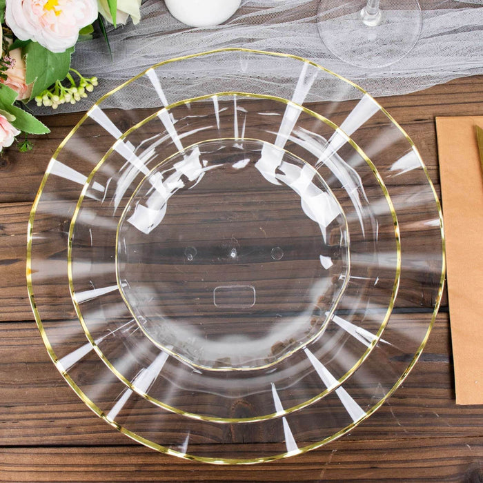 10 Pack | 6inch Clear Heavy Duty Disposable Salad Plates with Gold Ruffled Rim, Dessert Dinnerware