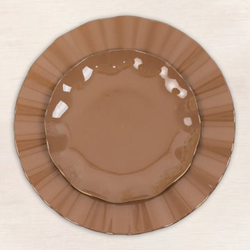 10-Pack Plastic Round 6" Dessert Plates in Coffee Brown Ruffled Rim with Gold Edging - Sturdy Disposable Salad Appetizer Dinnerware