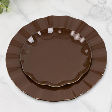 10-Pack Plastic Round 6" Dessert Plates in Cinnamon Brown Ruffled Rim with Gold Edging - Sturdy Disposable Salad Appetizer Dinnerware