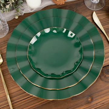 10-Pack Plastic Round 6" Dessert Plates in Hunter Emerald Green Ruffled Rim with Gold Edging - Sturdy Disposable Salad Appetizer Dinnerware