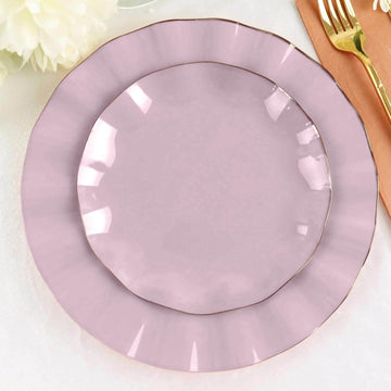 10-Pack Plastic Round 6" Dessert Plates in Lavender Lilac Ruffled Rim with Gold Edging - Sturdy Disposable Salad Appetizer Dinnerware