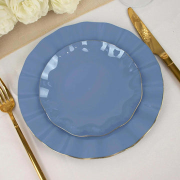 10-Pack Plastic Round 6" Dessert Plates in Ocean Blue Ruffled Rim with Gold Edging - Sturdy Disposable Salad Appetizer Dinnerware