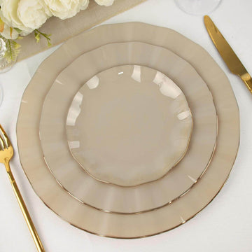 10-Pack Plastic Round 6" Dessert Plates in Taupe Ruffled Rim with Gold Edging - Sturdy Disposable Salad Appetizer Dinnerware