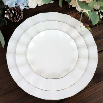 10-Pack Plastic Round 6" Dessert Plates in White Ruffled Rim with Gold Edging - Sturdy Disposable Salad Appetizer Dinnerware for Classy Events & Banquets