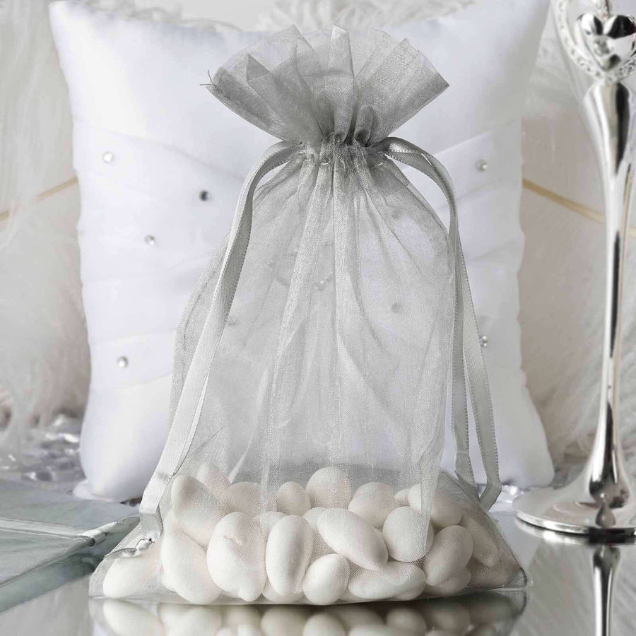 10 Pack | 6x9inches Silver Organza Drawstring Wedding Party Favor Gift Bag