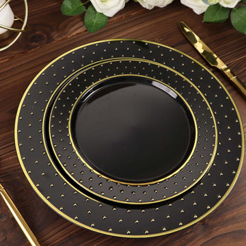 10-Pack Plastic 7.5" Round Dessert Plates in Black with Gold 3D Polka Dotted Rim - Durable Disposable Appetizer Salad Plates for Modern Themed Events & Banquets