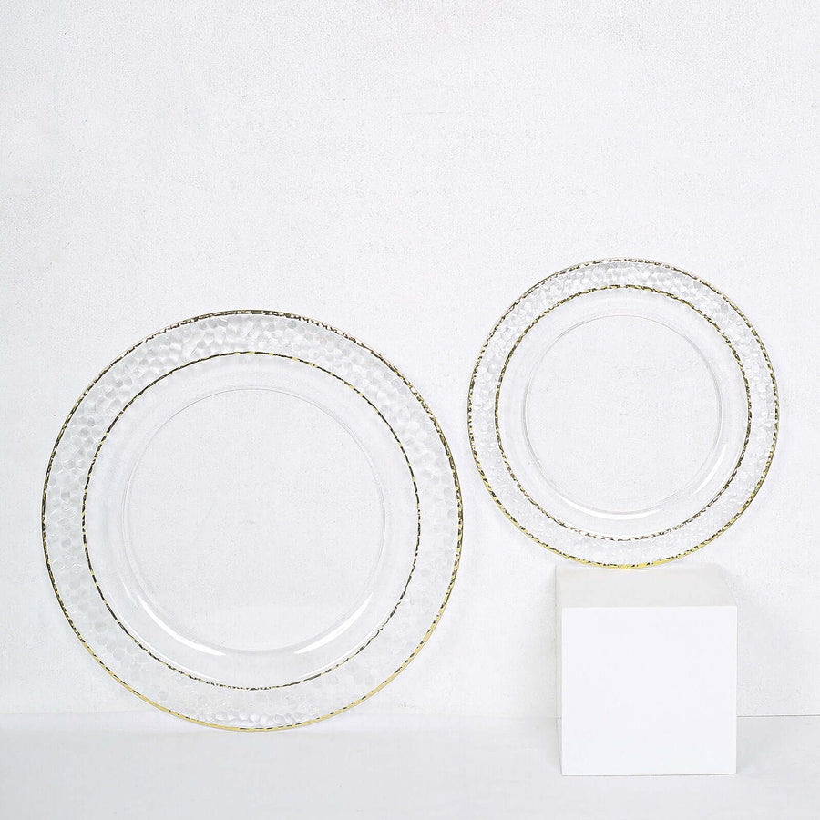 10 Pack | 7.5inch Clear Hammered Design Plastic Salad Plates With Gold Rim