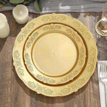 10-Pack Plastic 7.5" Round Appetizer Plates Gold Embossed Scalloped Edge - Chic Disposable Salad Plates for Special Occasions & Banquets