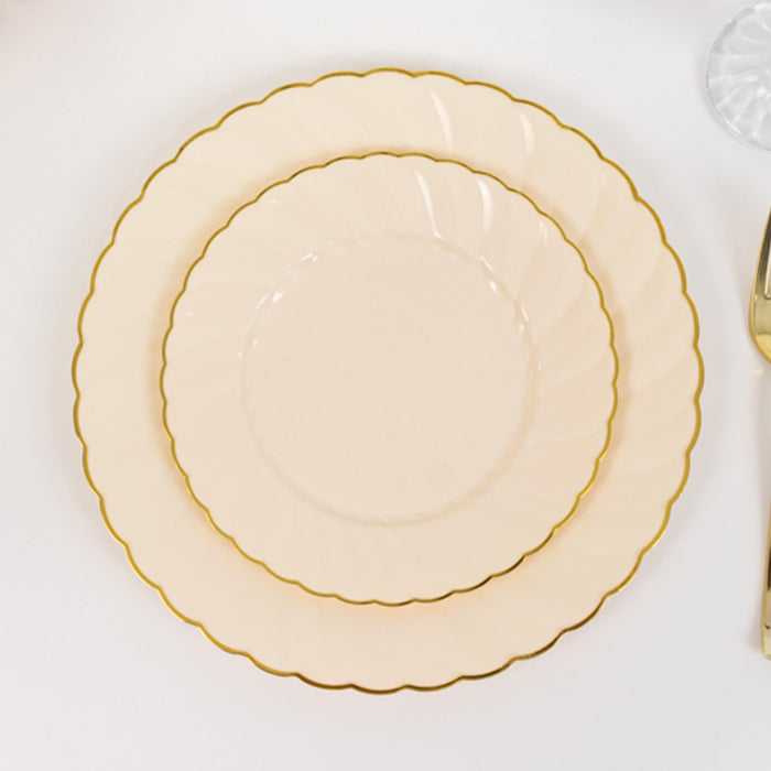 10 Pack 7.5" Ivory Gold Flair Rim Disposable Salad Plates, Round Plastic Dessert Appetizer Plates