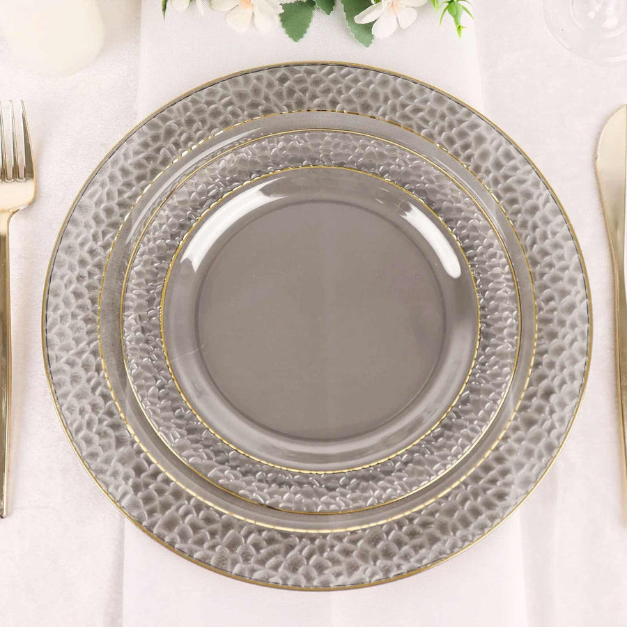 10-Pack Plastic 7.5" Round Appetizer Plates in Opaque Black Hammered Design with Gold Rim - Disposable Salad Plates for Chic Banquets & Special Occasions