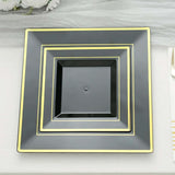 10 Pack | 7inch Gold Trim Black Square Plastic Salad Dessert Plates