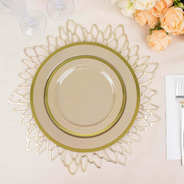 10-Pack Plastic 7" Round Appetizer Plates in Taupe with Gold Rim - Sleek Disposable Salad Plates for Banquets & Special Occasions