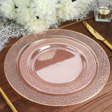 10-Pack Plastic 7.5" Round Appetizer Plates in Blush Hammered Design with Gold Rim - Disposable Salad Plates for Chic Banquets & Special Occasions