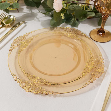 10-Pack Plastic 8" Round Dessert Plates in Transparent Amber Gold with Gold Leaf Embossed Rim - Disposable Vintage Baroque Style Salad Plates