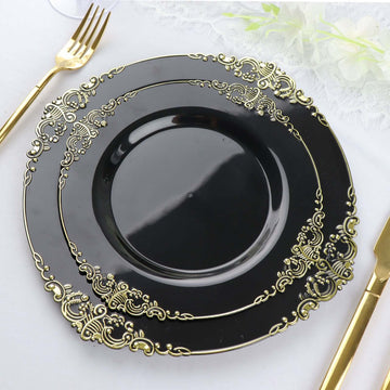 10-Pack Plastic 8" Round Dessert Plates in Black with Gold Leaf Embossed Rim - Disposable Vintage Baroque Style Salad Plates