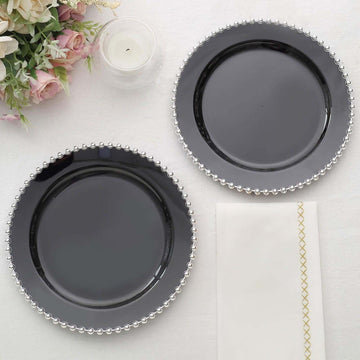 10-Pack Black Plastic Dessert Plates – 8" Round with Silver Beaded Rim, Disposable for Parties & Events