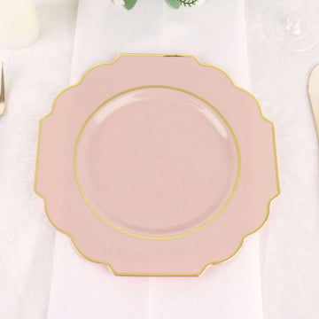 10-Pack Plastic Dessert Appetizer Plates in Blush Baroque Design with Scalloped Gold Rim - Heavy Duty Disposable Salad Plates 8"