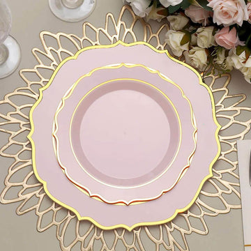 10-Pack Plastic 8" Round Desert Plates in Blush with Gold Scalloped Rim - Disposable Appetizer/Salad Plates