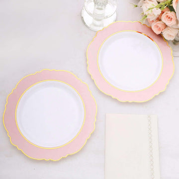 10-Pack Plastic 8" Round Dessert Plates in White with Blush Blossom Design & Gold Edging - Disposable Salad Appetizer Plates