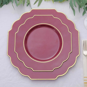 10-Pack Plastic Dessert Appetizer Plates in Burgundy Baroque Design with Scalloped Gold Rim - Heavy Duty Disposable Salad Plates 8"