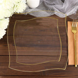 10 Pack | 8inch Clear / Gold Wavy Rim Modern Square Plastic Dessert Salad Appetizer Party Plates
