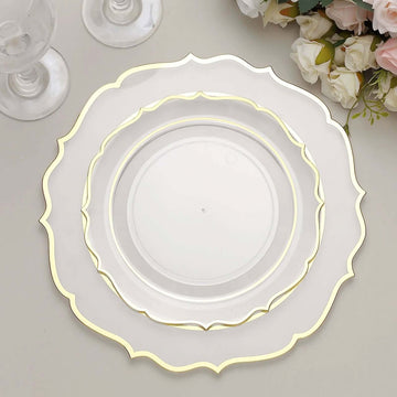 10-Pack Plastic 8" Round Desert Plates in Clear with Gold Scalloped Rim - Disposable Appetizer/Salad Plates