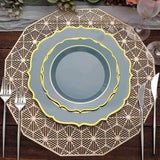 10-Pack Plastic 8" Round Desert Plates in Dusty Blue with Gold Scalloped Rim - Disposable Appetizer/Salad Plates