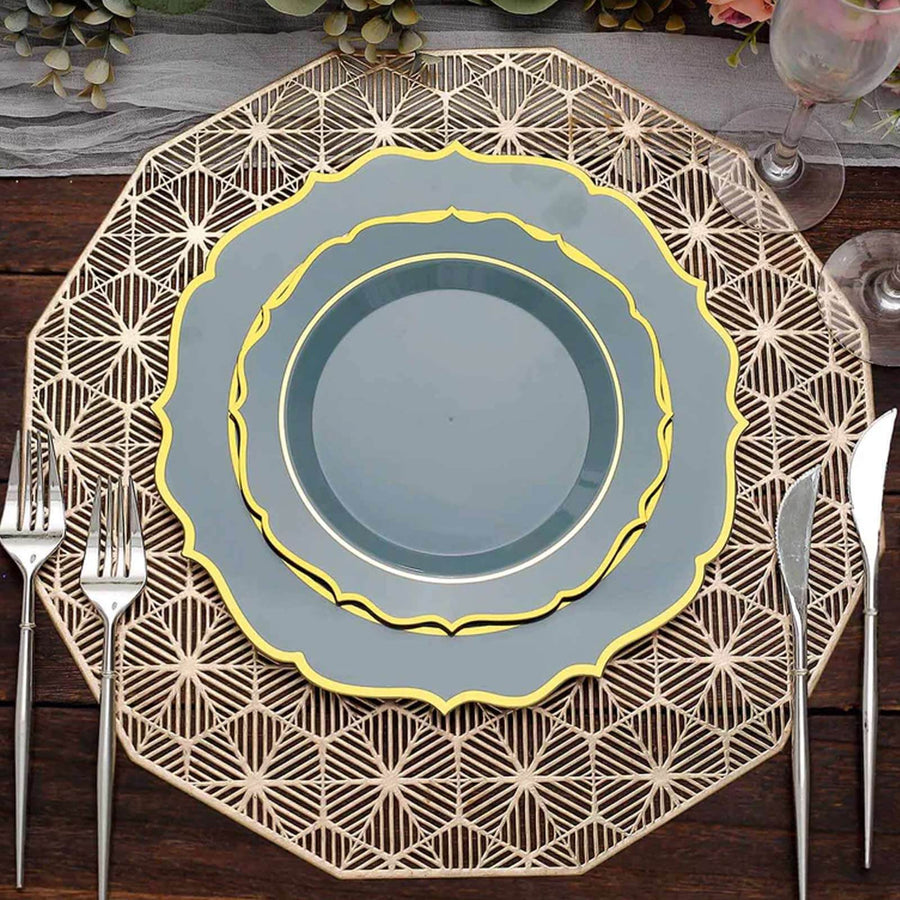 10-Pack Plastic 8" Round Desert Plates in Dusty Blue with Gold Scalloped Rim - Disposable Appetizer/Salad Plates