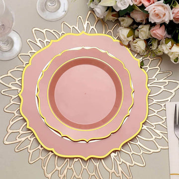 10-Pack Plastic 8" Round Desert Plates in Dusty Rose with Gold Scalloped Rim - Disposable Appetizer/Salad Plates