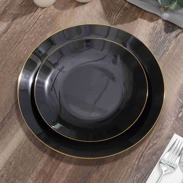 10-Pack Plastic 8" Round Dessert Plates in Black with Gold Rim - Glossy Disposable Appetizer Salad Plates