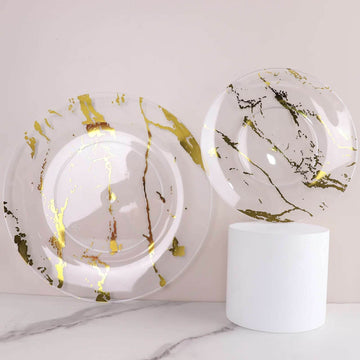 10-Pack Plastic 8" Round Dessert Plates in Clear with Gold Marble Print - Disposable Appetizer/Salad Plates for Chic Banquets & Special Occasions