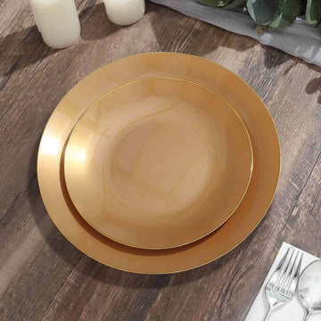 10-Pack Plastic 8" Round Dessert Plates in Gold with Gold Rim - Glossy Disposable Appetizer Salad Plates