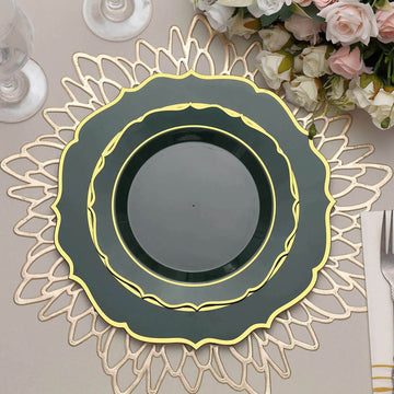 10-Pack Plastic 8" Round Desert Plates in Hunter Emerald Green with Gold Scalloped Rim - Disposable Appetizer/Salad Plates