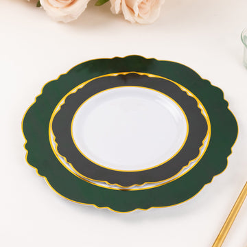 10-Pack Plastic 8" Round Dessert Plates in White with Hunter Emerald Green Blossom Design & Gold Edging - Disposable Salad Appetizer Plates